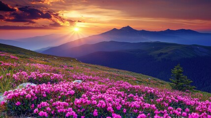 Fototapeta premium Blooming pink flowers in a vibrant landscape during sunset with mountains in the background and colorful sky Copy Space 