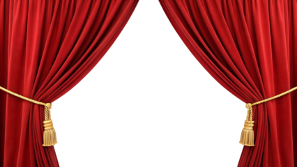 Luxurious red velvet stage curtains with golden tassels, tied open to reveal a white or transparent background, symbolizing elegance and performance