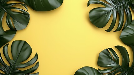 Dark Green Tropical Leaves Frame on Yellow Background