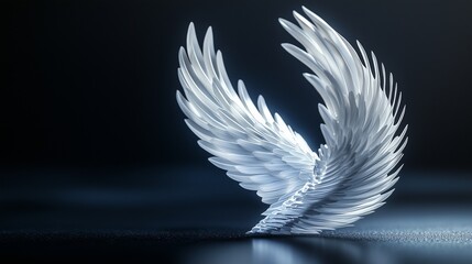 An angel wing on dark background. Dimensional black and white angel model with wings on black background. A rendering of a bird feather with angled side view rendered. A wing of an angel lifestyle.