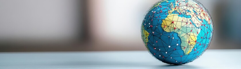 A globe with interconnected dots representing global networking and communication