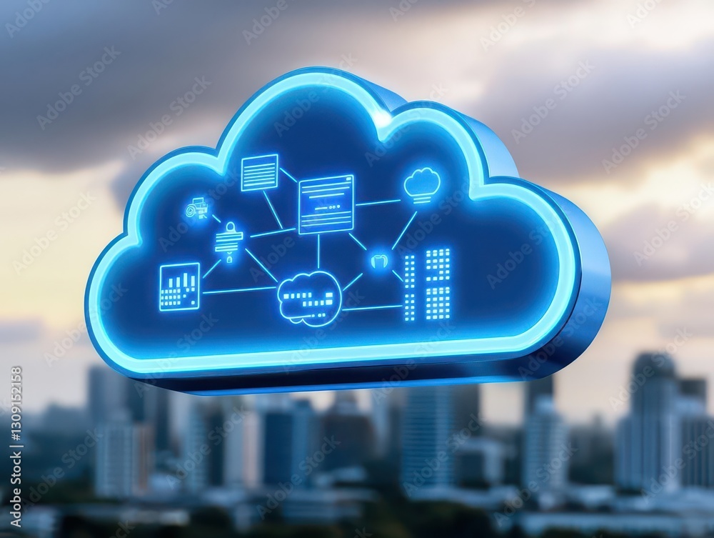Poster A glowing cloud computing icon over a city skyline with connected icons representing data and technology
