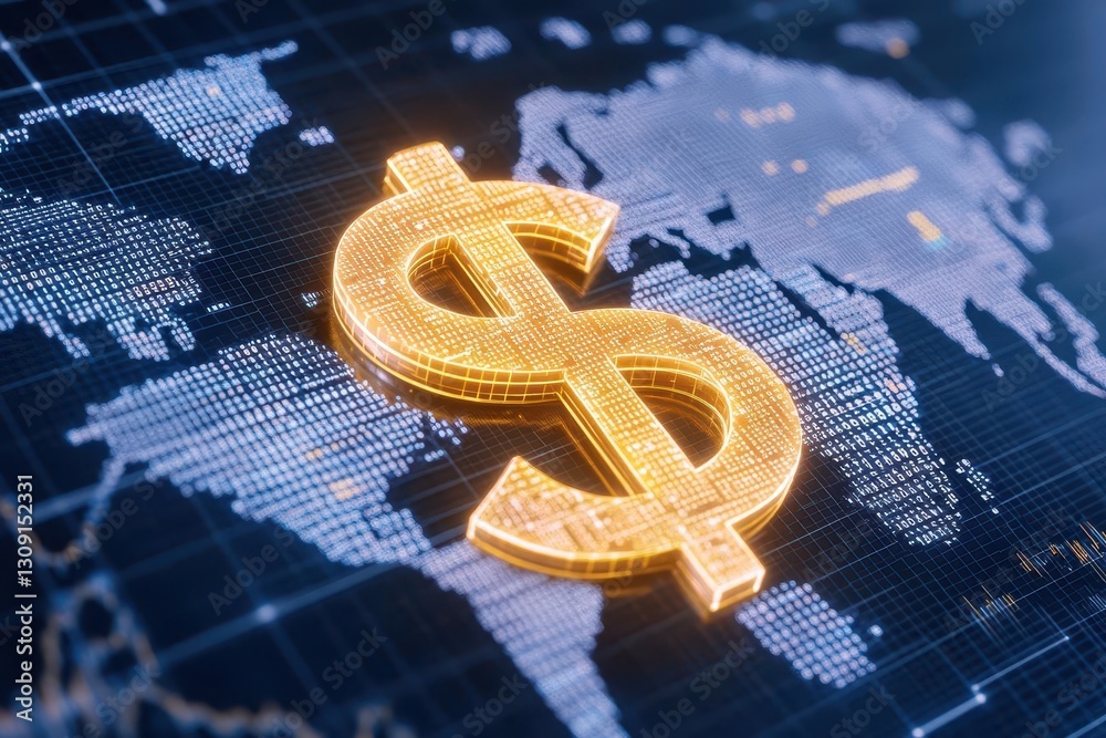 Poster a glowing dollar sign intertwined with a world map made of digital stock charts, symbolizing global 