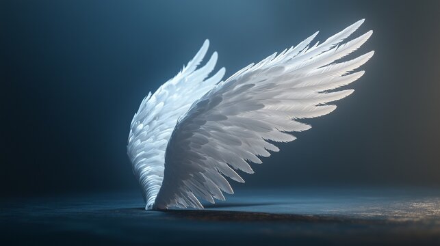 An angel wing on dark background. Dimensional black and white angel model with wings on black background. A rendering of a bird feather with angled side view rendered. A wing lifestyle of an angel.