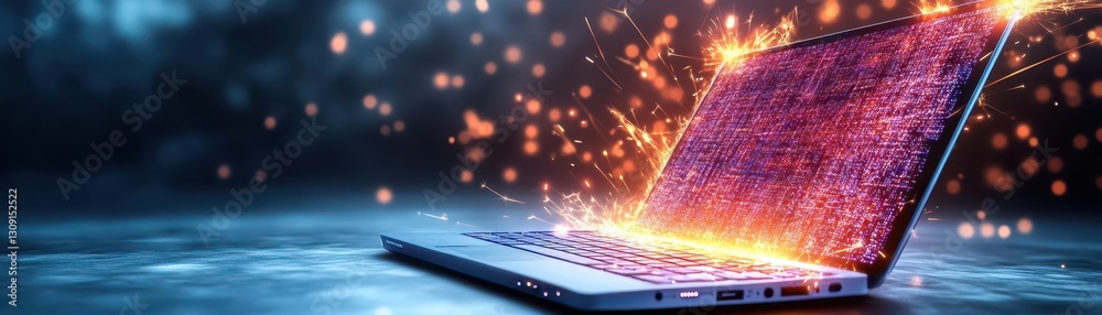 Poster a glowing laptop emits sparks and digital data, creating a futuristic ambiance, symbolizing technolo