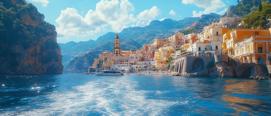 Fototapeta premium Stunning Amalfi Coast panorama as seen from a ferry