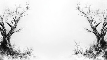 Two Bare Trees Silhouetted on Bright White Field
