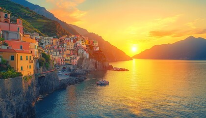Fototapeta premium Vivid Amalfi Coast panorama from a ferry
