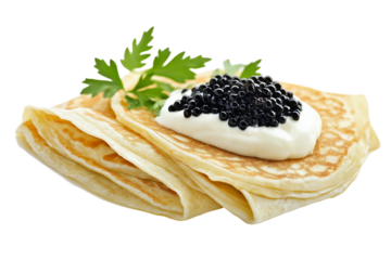 Russian blini with caviar and crème fraiche isolated on transparent white background