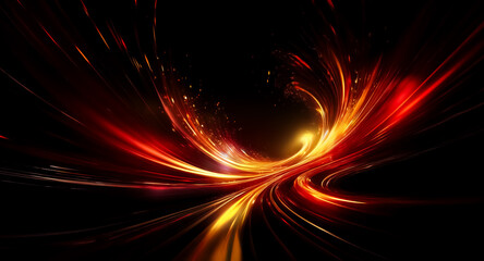 Fiery red and orange light streaks swirl dynamically across a dark backdrop, creating a sense of intense motion and abstract energy.