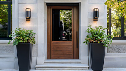 A front door of an upscale modern home with two large planters on either side
