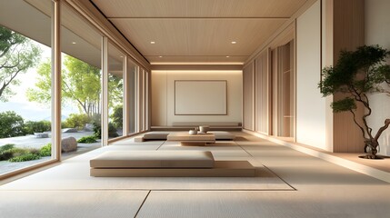 Fototapeta premium Serene Minimalist Japanese Inspired Modern Living Space with Natural Light and Tranquil Surroundings