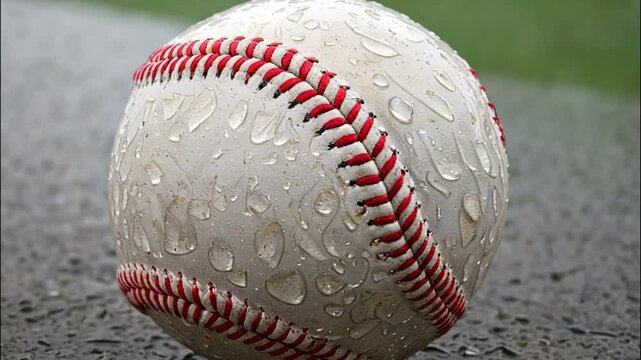 Close-Up of Baseball with Water Droplets on Wet Surface - Iconic Sports Equipment video concept