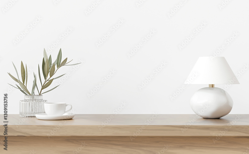 Poster Simple Interior background with lamp, cup and plant in vase standing on wooden table. Empty white wall with free space. 3d rendering.