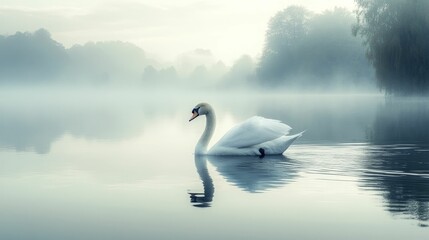 Fototapeta premium Graceful swan glides misty lake serene landscape