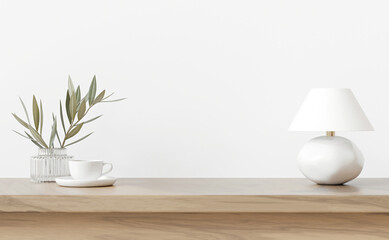 Simple Interior background with lamp, cup and plant in vase standing on wooden table. Empty white wall with free space. 3d rendering.
