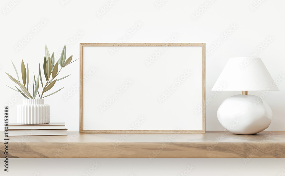 Fototapete Small horizontal art frame template in neutral and simple interior. Lamp and plant in vase standing on white wall background. Organic modern shelf decor. 3d rendering.