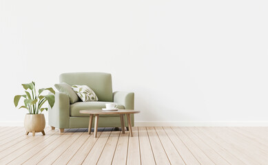 Minimal furnished interior background with green armchair, coffee table, cup and plant. Natural and modern styled living room. 3d rendering.