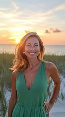 Naklejka premium Woman in Green Dress Smiles at Sunset Beach