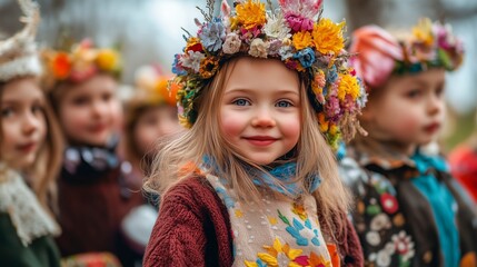 Fototapeta premium A group of children in traditional folk costumes adorned with colorful floral wreaths, celebrating a vibrant spring festival outdoors, symbolizing cultural heritage and renewal.
