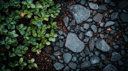Dark Grey Stones and Lush Green Plants