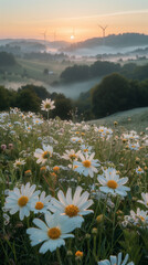 Serene Morning Landscape with Wind Turbines and Wildflower Meadow in Soft Fog