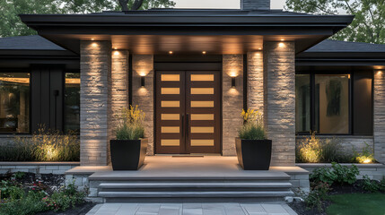 A front door of an upscale modern home with two large planters on either side
