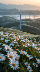 Idyllic Wind Turbine Farm in a Misty Valley with Blooming Daisies at Sunrise