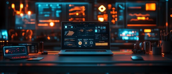 Obraz premium Futuristic business office with a highperformance laptop