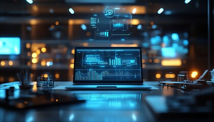 Obraz premium Futuristic office desk with a hightech laptop, holographic business apps floating above, AIpowered digital productivity tools, modern workspace design, ultraHD, cinematic shot, 8K