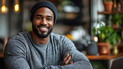 Bearded man and smiling fitness coach presenting online fitness training program to audience