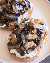 delicious mushroom toast with herb cream cheese, mushrooms, and caramelized onions on a white modern plate close-up