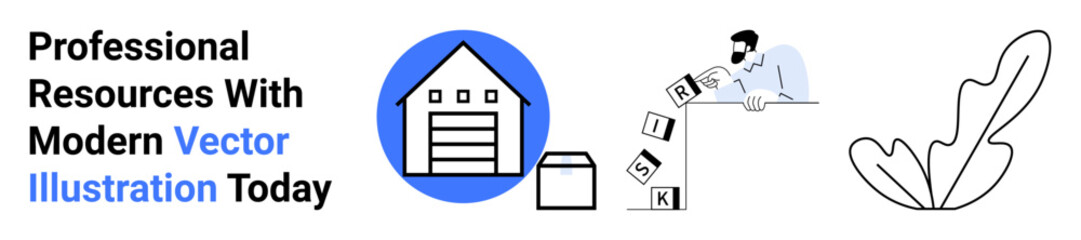 Warehouse with open door, organized inventory, man processing data cubes, and abstract leaf element. Ideal for logistics, inventory, storage, supply chain, automation efficiency flat landing page