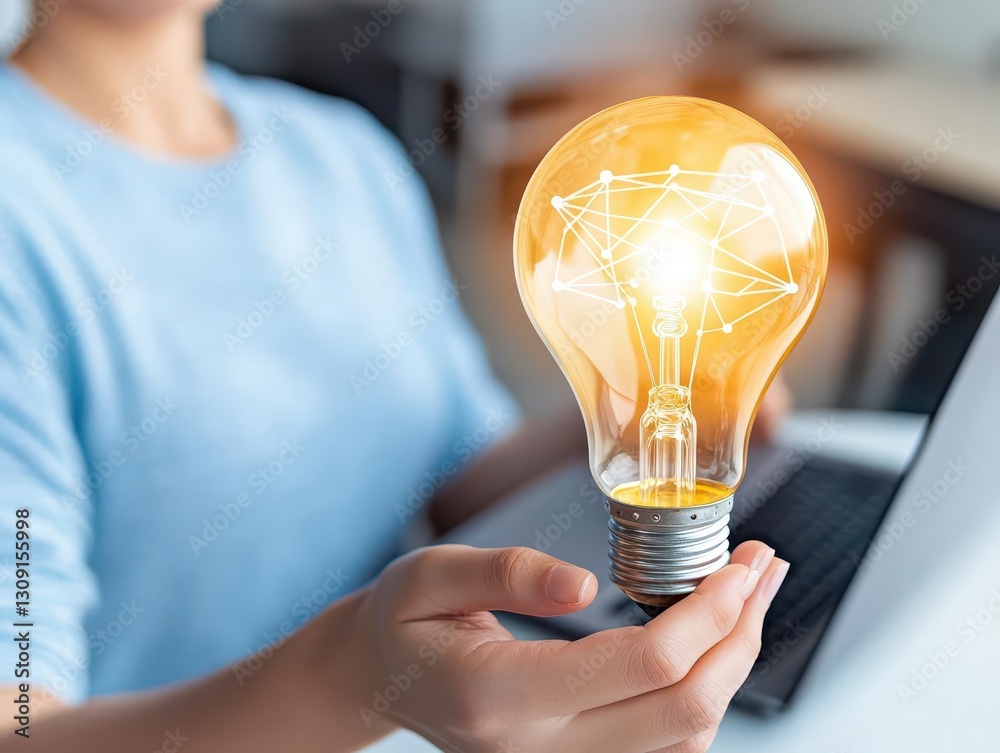Poster a person holding an illuminated light bulb with digital connections in the background