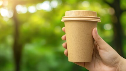 A hand holds a disposable kraft paper cup against a blurred green backdrop, suggesting eco-friendliness and outdoor enjoyment.