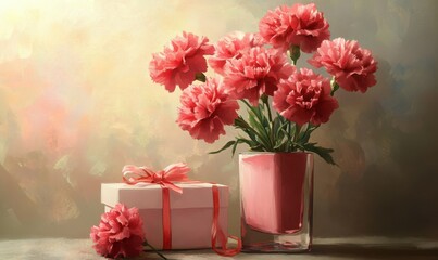 Fototapeta premium Image material of Mother's Day presents and carnations.