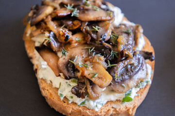 delicious mushroom toast with herb cream cheese, mushrooms, and caramelized onions on a black stone plate close-up
