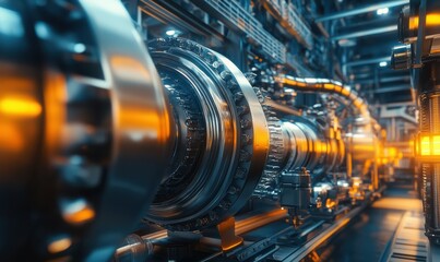 Industrial machinery with glowing elements in a futuristic setting.