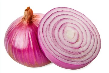 A pink onion slice isolated on a white background with a clipping path, closeup view Top view of a red onion ring slice cut in half for decoration or cooking design
