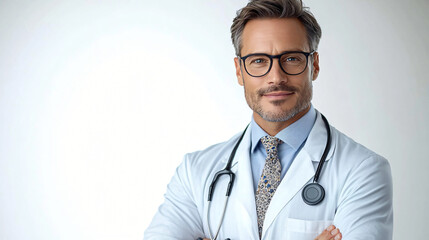 Confident middle-aged male doctor portrait, ideal for health care marketing, medical websites, or hospital brochures. Perfect for doctor recognition events.