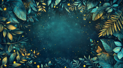 Luminous Teal And Gold Foliage Frame On Dark Blue Background With Sparkling Bokeh And Festive Glow