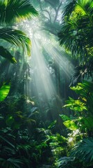 Naklejka premium Lush Tropical Rainforest Sunlight Beams