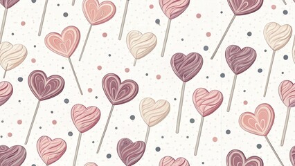 Adorable Digital Art  of Cute Desserts. Colorful heart lollipops on a textured background, perfect for romantic themes and sweet celebrations. seamless background.