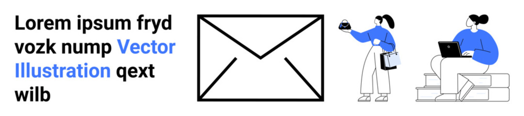 Large envelope symbolizing email, person sending message via phone, another working on laptop. Ideal for business, communication, teamwork, digital solutions, remote work, technology flat landing