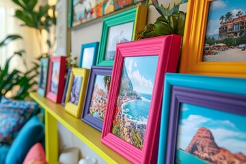A collection of colorful photo frames displaying scenic travel memories is arranged on a lively shelf. The bright decor enhances the bohemian atmosphere of the cozy living space