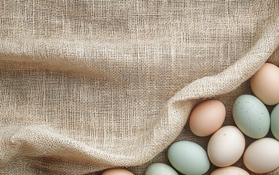 Easter 3d background minimalistic mockup with space for text, rustic burlap texture with soft pastel overlay background