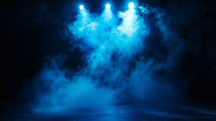Blue smoke on stage with spotlight. Stage lit up with lights illuminated by scenic smoke. Projector with background of clouds and a projector with a background of a projector. Lifestyle a spotlight.