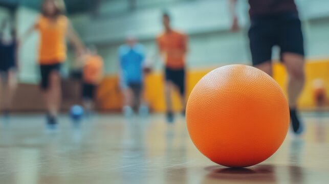 Group of children playing dodgeball in a gymnasium with focused action and vibrant atmosphere
