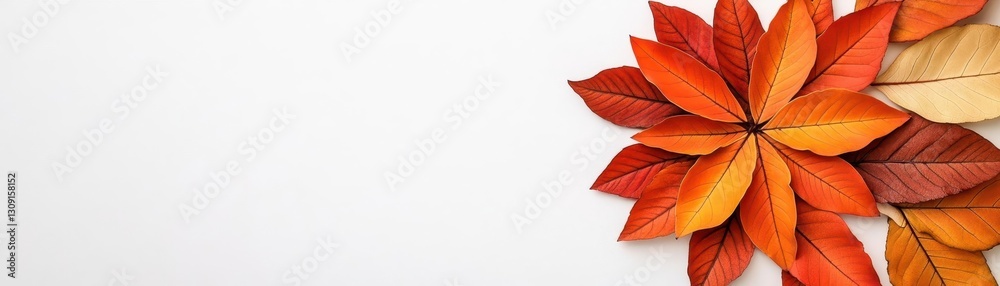 Poster a symmetrical arrangement of autumn leaves in shades of orange and red, forming the shape of an abst