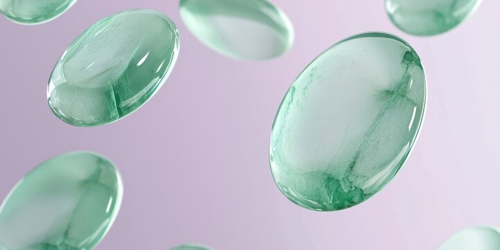 Floating jadeite stones with a translucent green finish on a pale lavender background